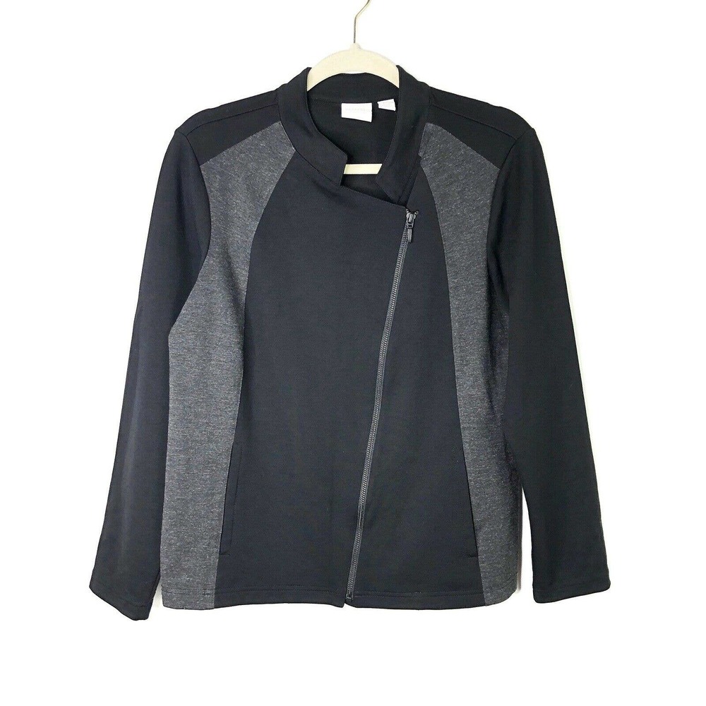 Weekend by Chico's Full Zip Ponte Knit Sweater Jacket Black Gray Size Medium